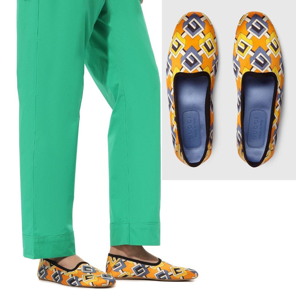GUCCI SHOES GEOMETRIC G LOGO ORANGE BLUE WHITE SATIN SLIPPER sz 37 7 US